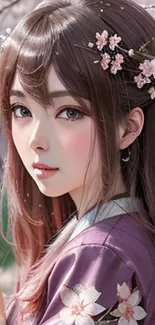 Anime girl with cherry blossoms in hair.