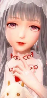 Elegant anime girl with gray hair and pink background