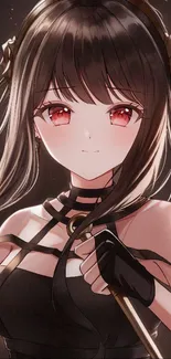 Anime girl with red eyes and dark hair holding a stick, elegant and stylish.