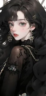 Anime girl with long black hair and elegant attire.