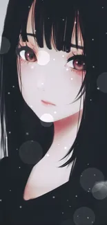 Anime girl with dark hair and soft background featuring artistic elements.