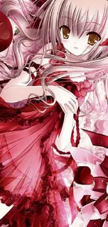 Anime girl in red dress with roses background.