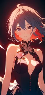 Elegant anime girl with floral details, dark theme.