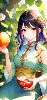 Anime girl in traditional attire with apple, surrounded by greenery.