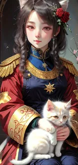 Anime girl with cat ears holding a kitten in an ornate, gold-accented setting.