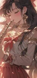 Anime girl playing flute in elegant attire with soft peach tones.