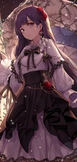 Gothic anime girl in ornate dress, surrounded by roses and an ancient arch.