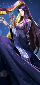 Anime harpist playing under the night sky with a dark purple theme.