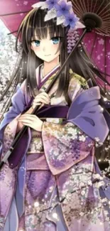 Anime girl in purple kimono with parasol.