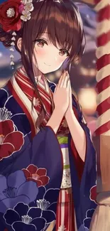 Anime girl in kimono, colorful phone wallpaper.