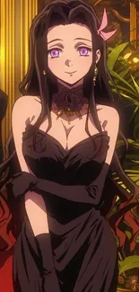 Anime lady in a black dress with purple eyes and a backdrop of golden decor.