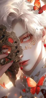 Anime figure with white hair, ornate mask, and butterflies.