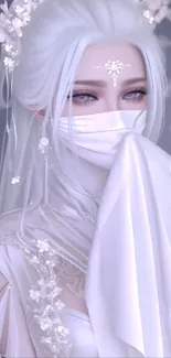 Elegant masked anime character with blossoms and white attire