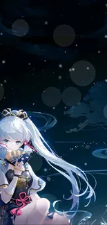 Beautiful anime character in a midnight scene with dark blue tones.