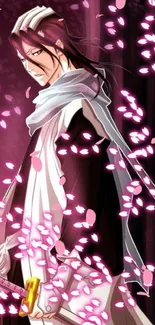 Anime character with pink petals in elegant style.