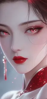 Elegant anime portrait in vibrant red hues, showcasing stylistic beauty.
