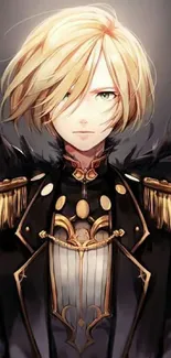 Anime character with blonde hair in elegant attire, black and gold accents.