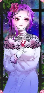 Anime character with purple hair and roses in a mystical setting.