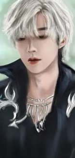 Elegant anime portrait with silver hair and detailed attire.