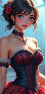 Beautiful anime character with red dress in an elegant portrait.