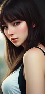 Anime portrait wallpaper of a character with long brown hair, elegant design.