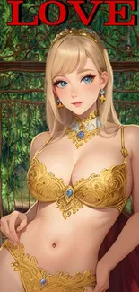 Anime princess in golden attire with 'LOVE' text.