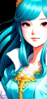 Anime princess with teal blue hair and golden crown in elegant attire.