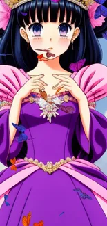 Anime princess with purple gown and crown, set against a soft sky background.