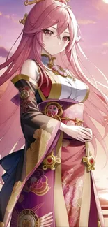 Anime princess in traditional attire with pink sunset background.