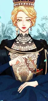 Anime queen with elegant attire and intricate details in blue tones.