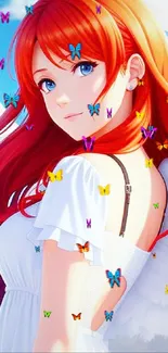 Anime redhead angel in white dress with wings, serene sky background.