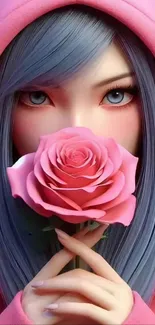 Anime character with pink rose in hoodie, stylish and elegant.