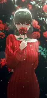 Anime girl with red roses, mysterious and elegant.