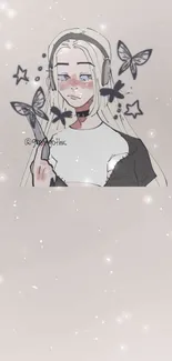 Anime girl with butterflies and stars on a light gray background.