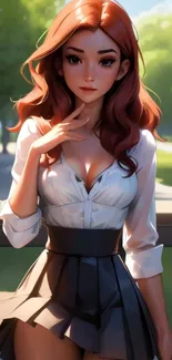 Anime style art featuring a red-haired character in elegant attire.