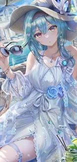 Anime girl in summer setting with pastel colors and elegant design.