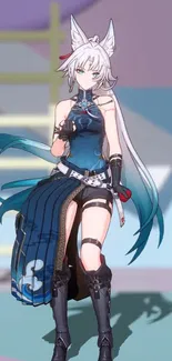 Anime warrior with elegant blue attire and white hair on a digital background.