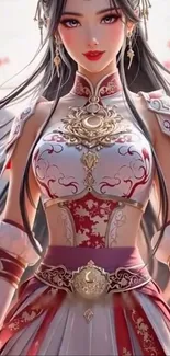 Anime warrior princess in detailed armor, pink background.