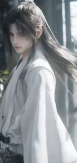 Elegant anime warrior with flowing hair and serene expression.