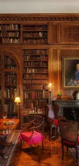 Elegant antique library with red chairs and wooden shelves.