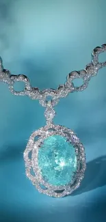 Elegant necklace with aqua gemstone and diamonds on blue background.