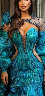 Woman in a vibrant turquoise blue elegant gown.