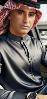 Elegant Arab man in black attire with a stylish headdress.