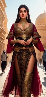 Elegant Arabian woman in traditional attire walking through historic city street.