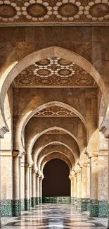 Elegant arched corridor with ornate ceiling and warm tones on mobile wallpaper.