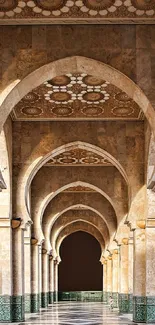 Elegant arched corridor with intricate patterns in warm tones.