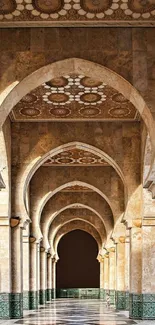 Elegant arched corridor with golden patterns and intricate Islamic design.