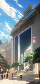 Elegant anime-style architecture with trees and blue sky.