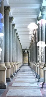 Elegant stone columns in a classical hallway perspective.