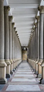 Symmetrical view of elegant stone columns in a historic hallway.